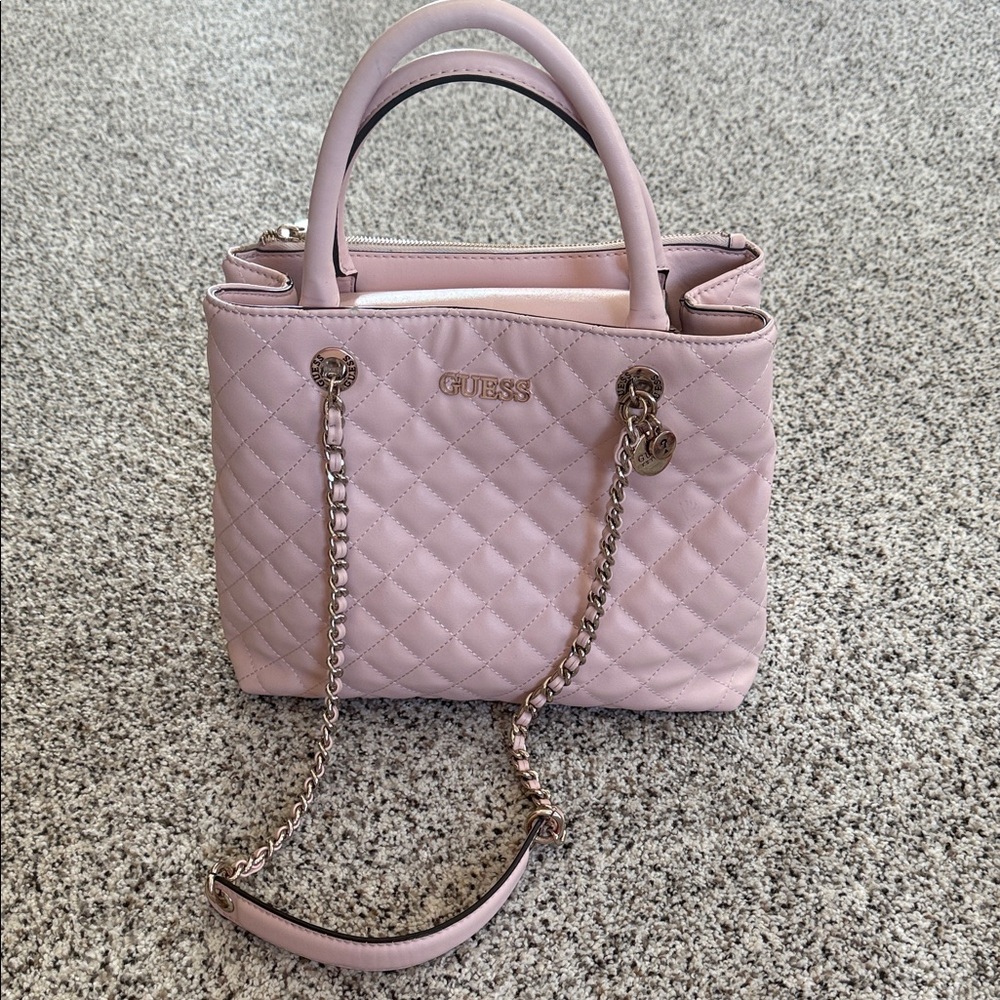 GUESS Quilted Pale Pink Satchel with Chain Strap